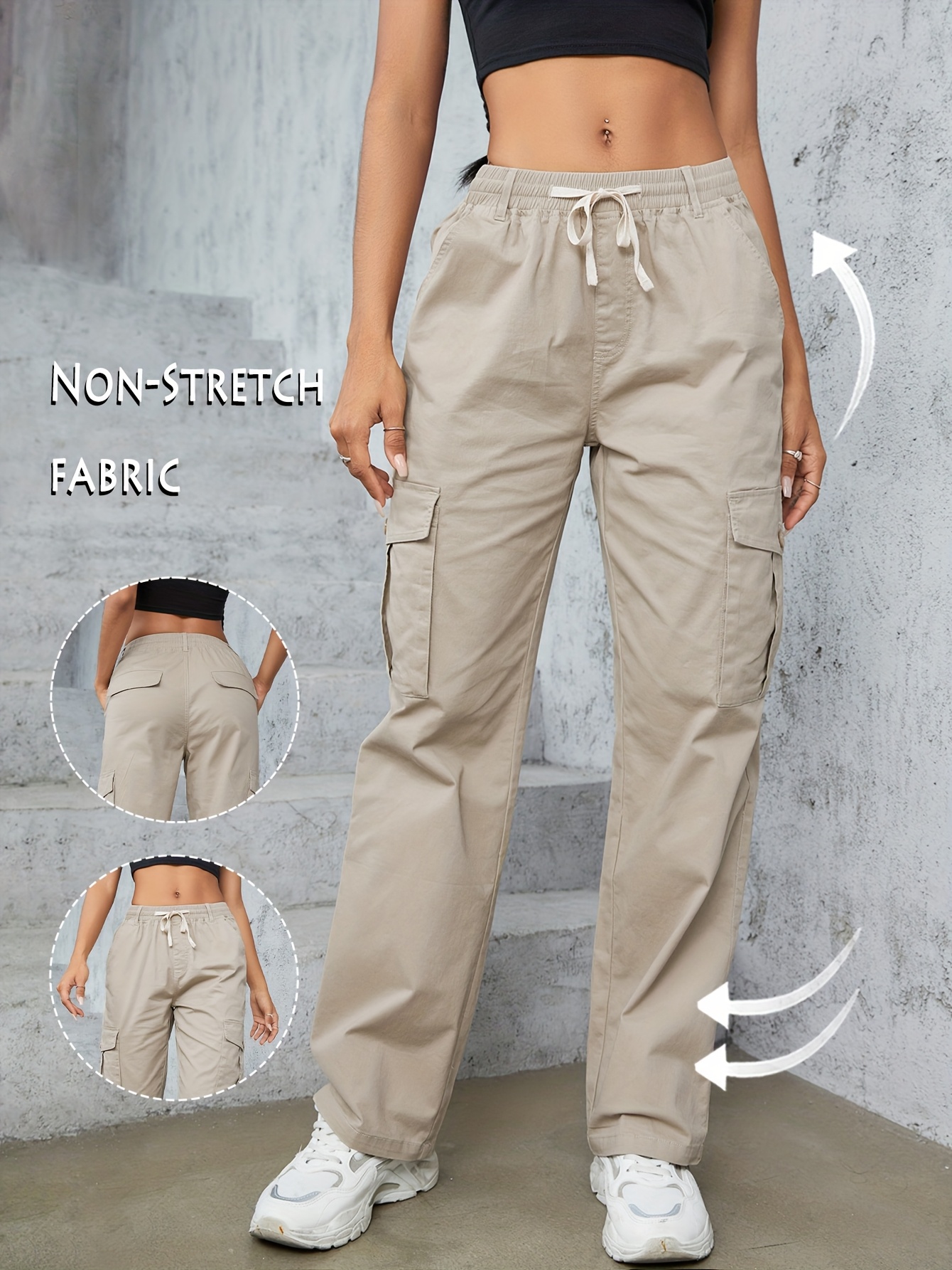 Women's High-Waisted Cargo Pants Non-Stretch Wide-Leg Trousers with  Multiple Utility Pockets Fit for Streetwear, Everyday Machine Wa