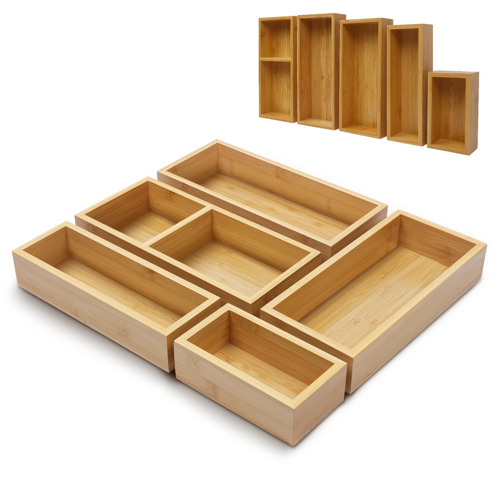 

5pcs Bamboo Drawer Organizer Set - Storage Trays For Kitchen, Bathroom, Office & More - , Stackable & Easy To Clean, Junk Drawer Divider, Makeup, Jewelry, Utensils