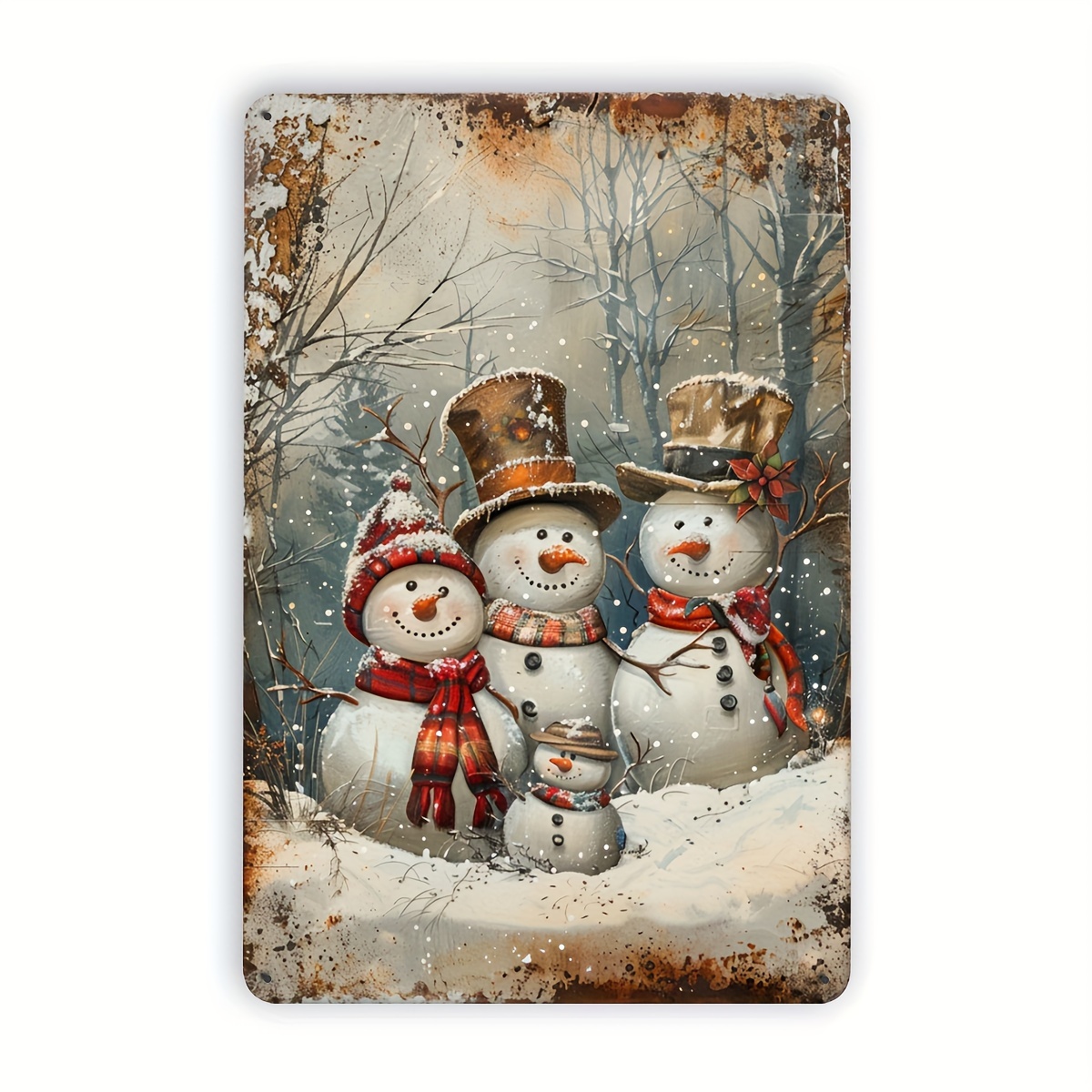 TEMU 2d Flat, Vintage Christmas Snowman Metal Tin Sign - Rustic Winter Wall Art With 3 In Top Hats & Scarves, 8x12 Inch Durable Iron Indoor/outdoor