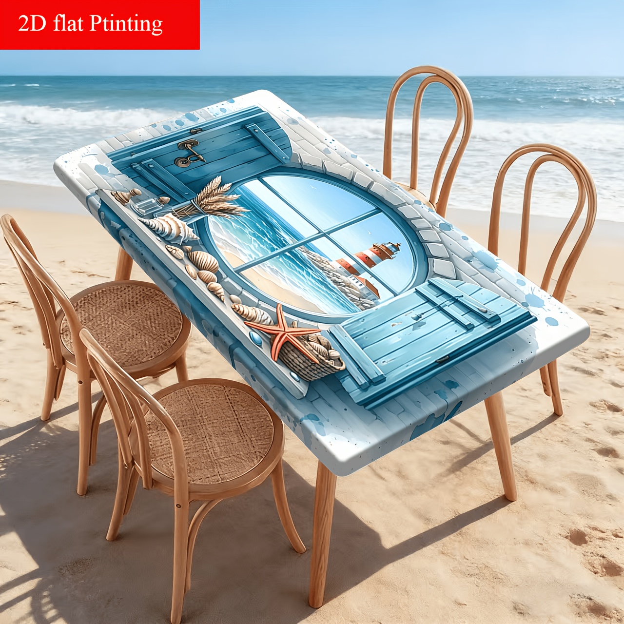 TEMU Nappe élastique 1 pièce avec motif imprimé phare de plage, et de mer, convient pour les décorations de bureau pour les fêtes, les décorations de
