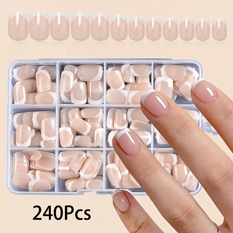 TEMU 240pcs Short Square Press-on Fake Nails, White And Nude French Fake Nail Tips, 12 Size Options, Full Cover Artificial False Nails For Women, -