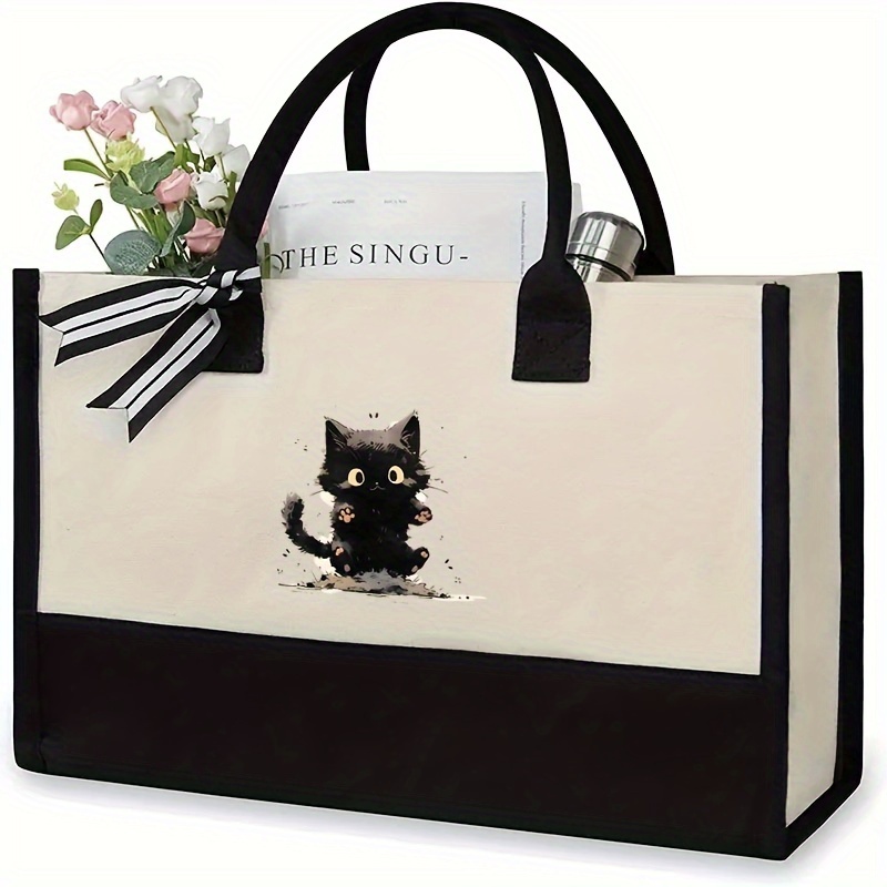 

Trendy New Kawaii Cat Pattern Bag Set : Large Capacity Colorblock Tote Bag With Clutch Zipper Pouch For Women