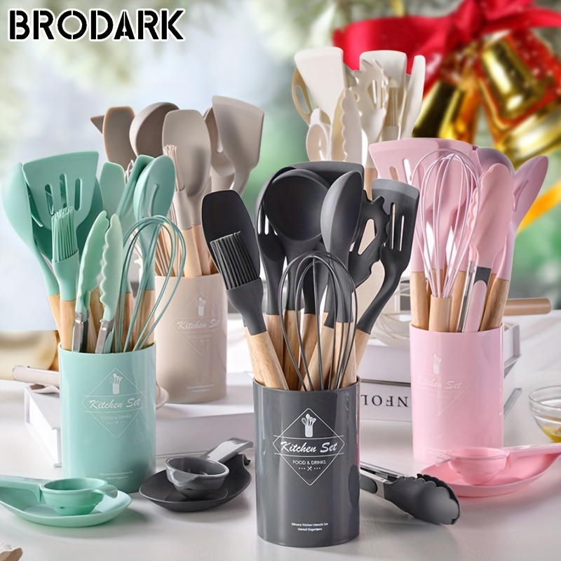 

Brodark 12pcs/set, Wooden Handle Silicone Kitchenware Set, Kitchen Stuff Baking Supplies Kitchen Baking Cooking Tools Set Resistant Pot, Special Kitchenware, For Christmas