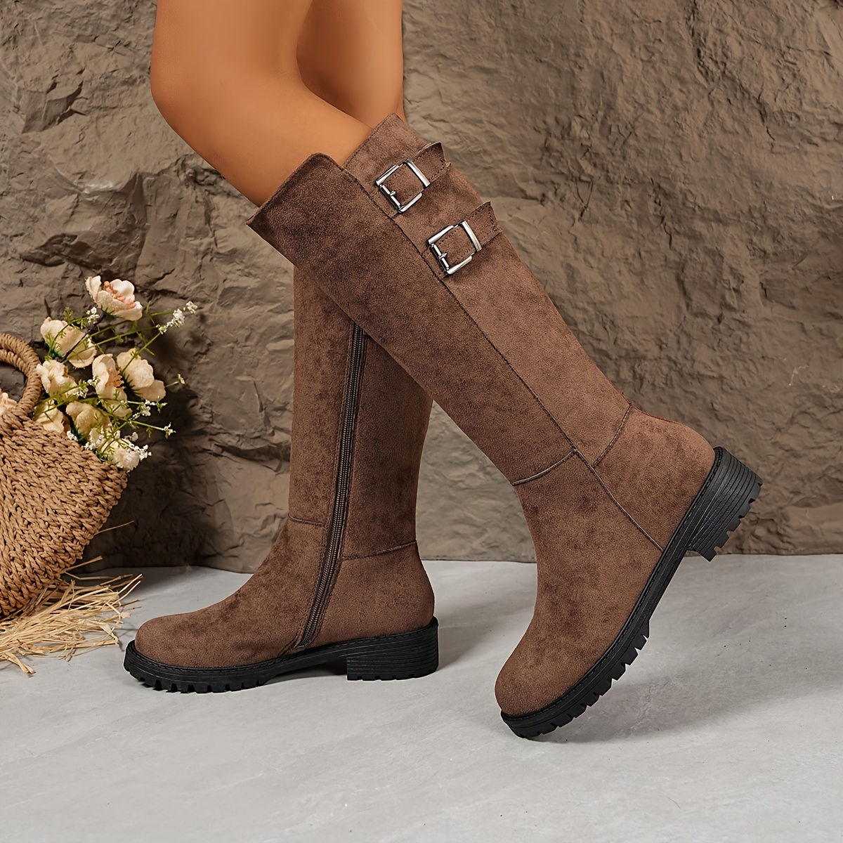 TEMU 2025 Autumn/winter Western Style Knee-high Boots With Western Belt Decoration, Round Toe, And Chunky Heel. Suitable For Outdoor Vacations And