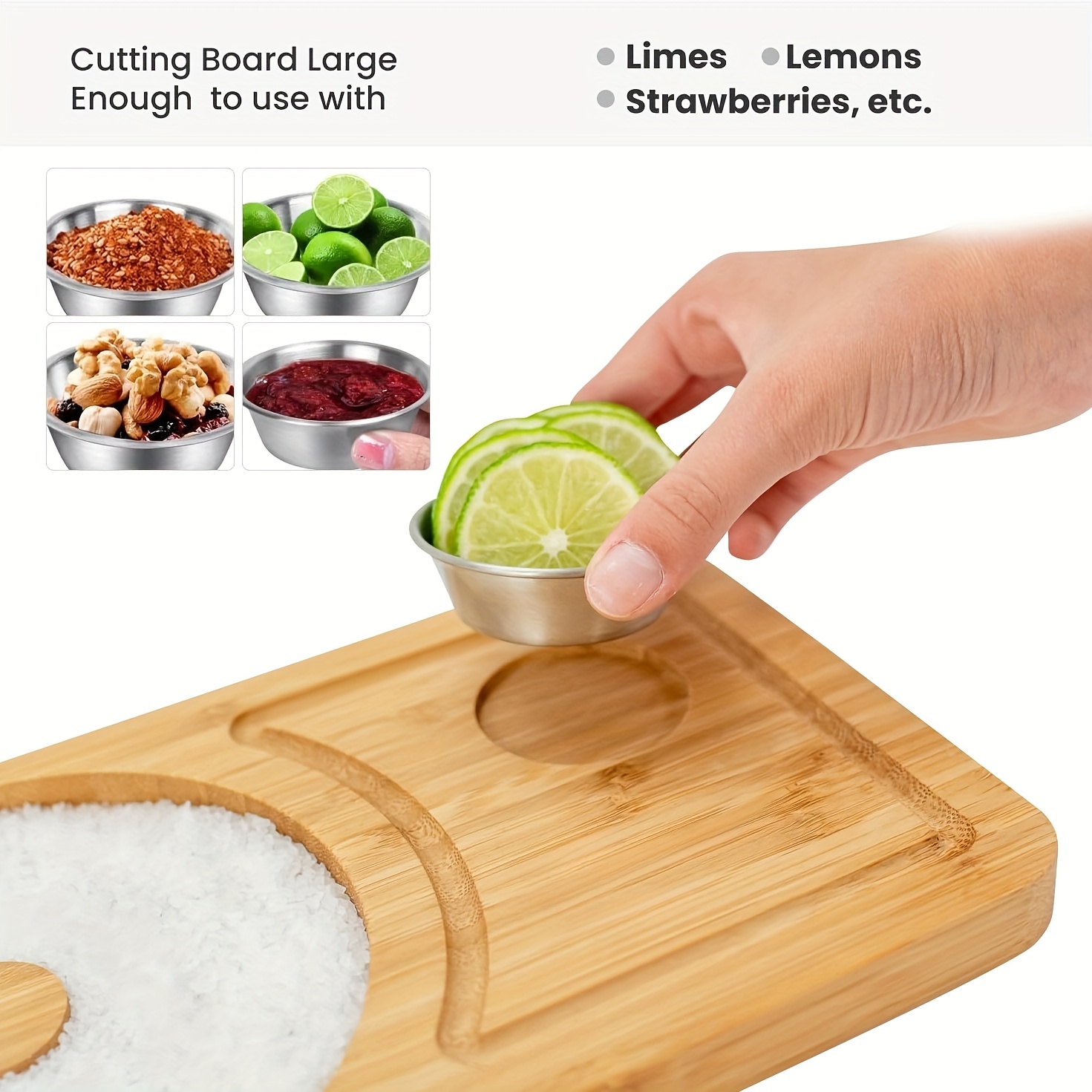 Set de Margaritas de Madera de Bambú, Adecuado para Aros de hasta 15.24 cm, Incluye un Cuenco y Espacio para Aderezos de Margarita, Perfecto para Azúcar de Cóctel