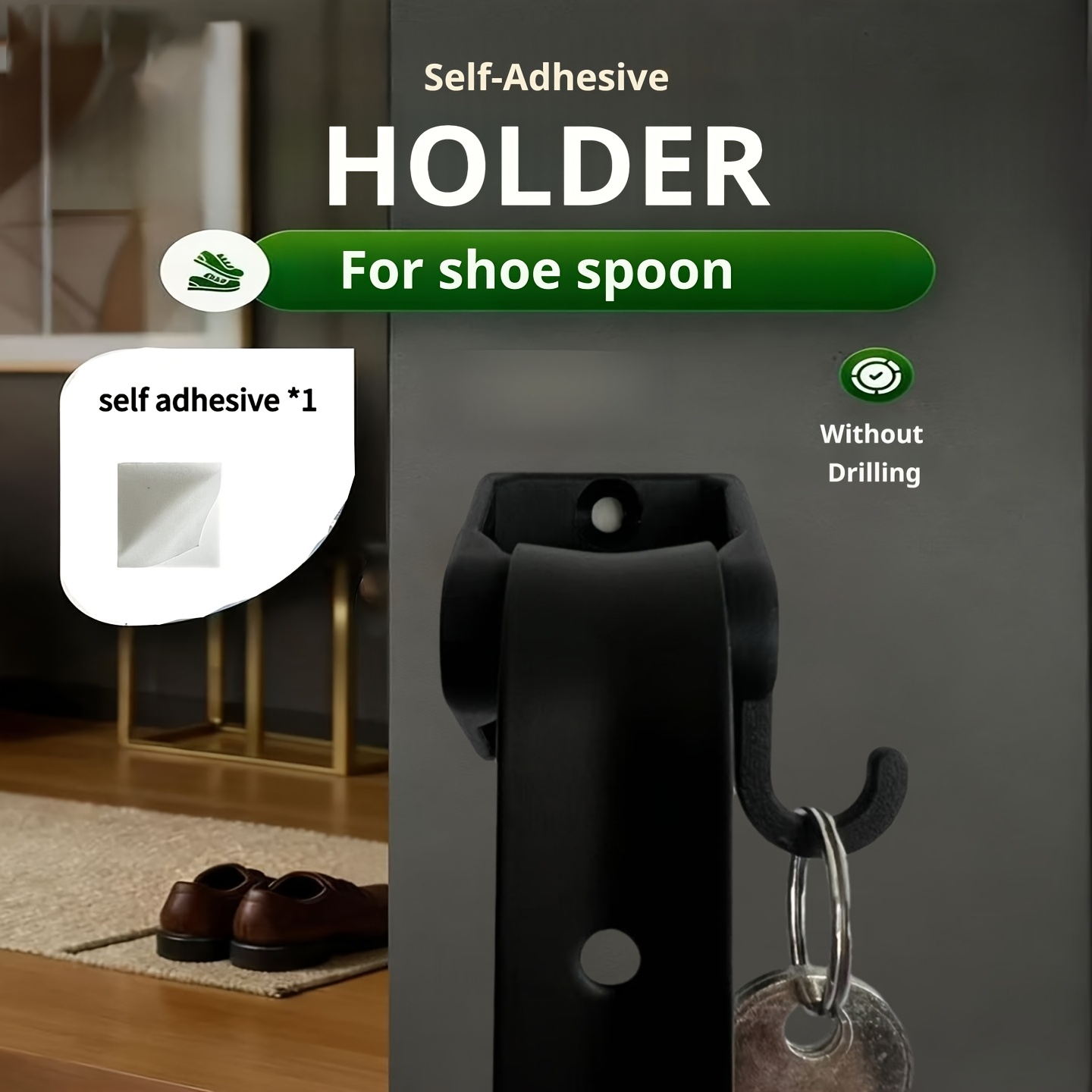 1pc Shoe Horn Holder | Double-sided Tape With Practical Hooks, Wall Mount, Plastic Material, Utility Hooks