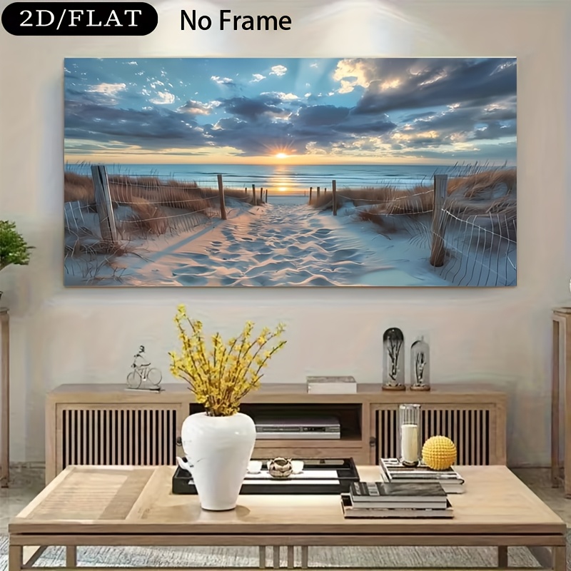 TEMU 2d Flat, [2d Flat] 1pc Frameless Canvas Poster Printing, Home Decoration Wall Art, Path With Fences And Blue Ocean, Suitable As A Home Gift For