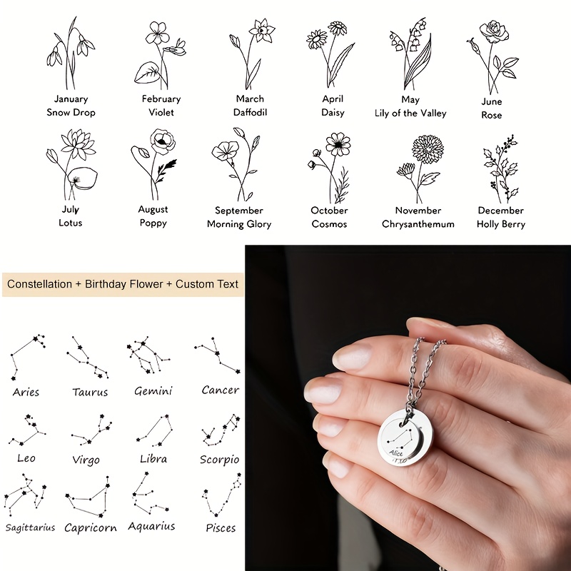 TEMU Customized Personalized Stainless Steel Zodiac Necklace, Engraved With Birth Flowers And Names, Suitable For Parties And Everyday Wear, Ideal As
