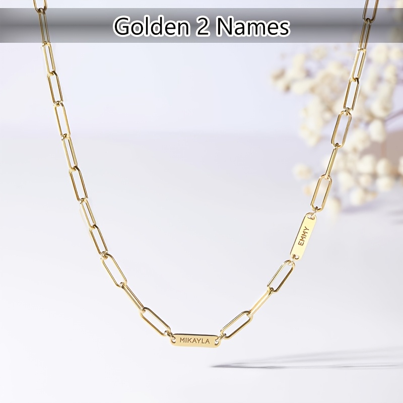 TEMU Customized Personalized 1-5 English Name Fashion Pendant Necklaces, 18k Golden-plated Stainless Steel Paperclip Chain Multi-family Name