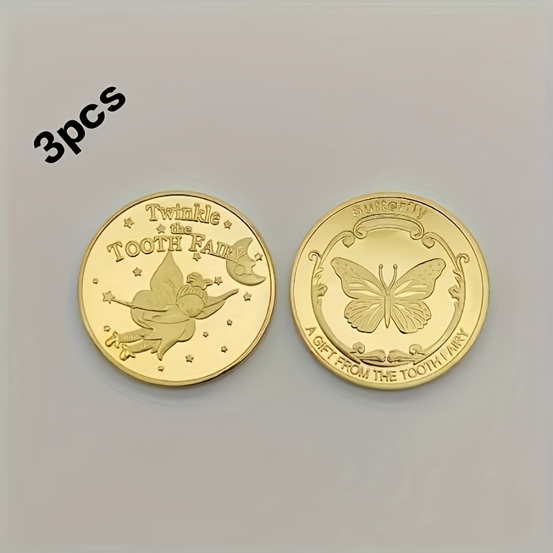 Image of 3pcs Cartoon Tooth Fairy Commemorative , Gold-plated Commemorative , Collectible , Tooth Exchange Gifts, Tooth Fairy Medals And , Front Tooth Fairy, Back