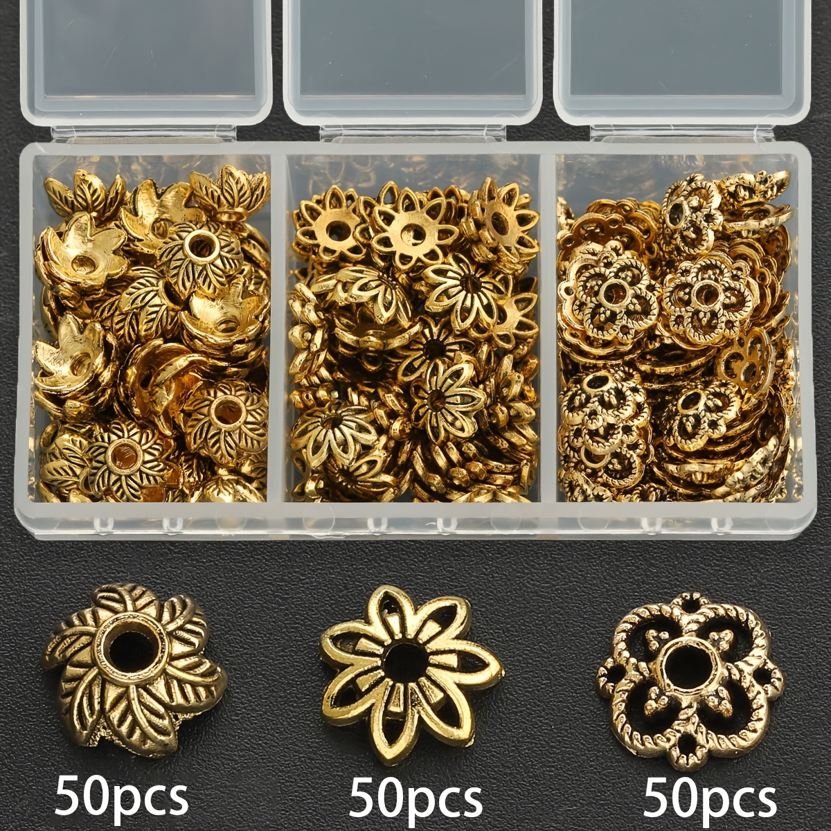 TEMU 150pcs Par Boîte de Embouts de Fleur Creux avec Trous Droits, Embouts de Perles à Motif de Feuille Filetée, Perles Libres de , Perles Perçues
