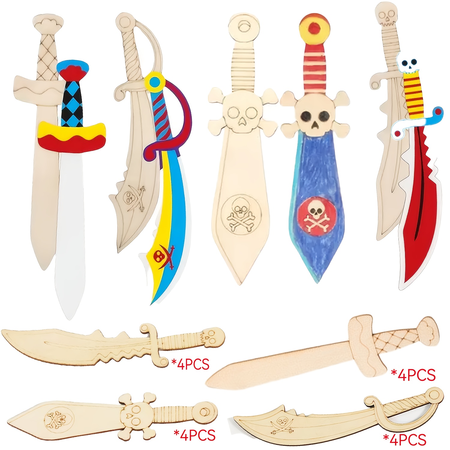 12 Espadas Piratas De Madera Para Pintar, Juego Manualidades Niños, Incluye Lápices De Colores