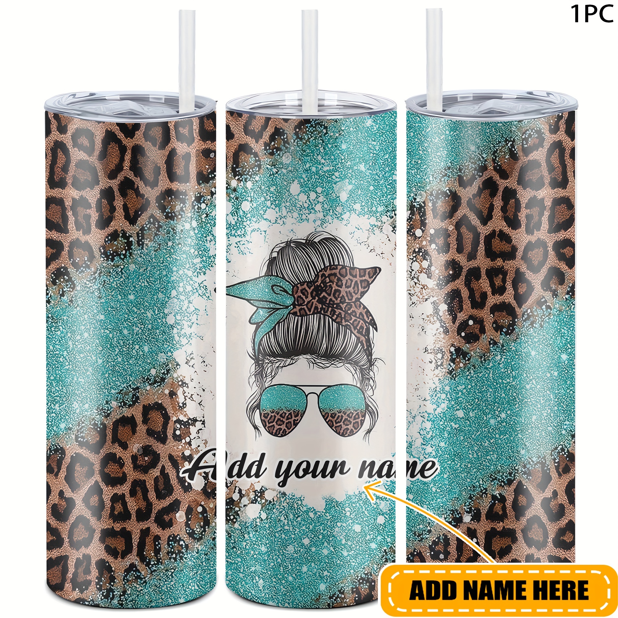 

Personalized 20oz Metal Tumbler With Lid, Custom Name Leopard & Teal Glitter Design, Hand Wash Only, Break Resistant, Bpa Free, Reusable Oval Mug For All Occasions, Ideal Gift For Adults - Hsdiokl