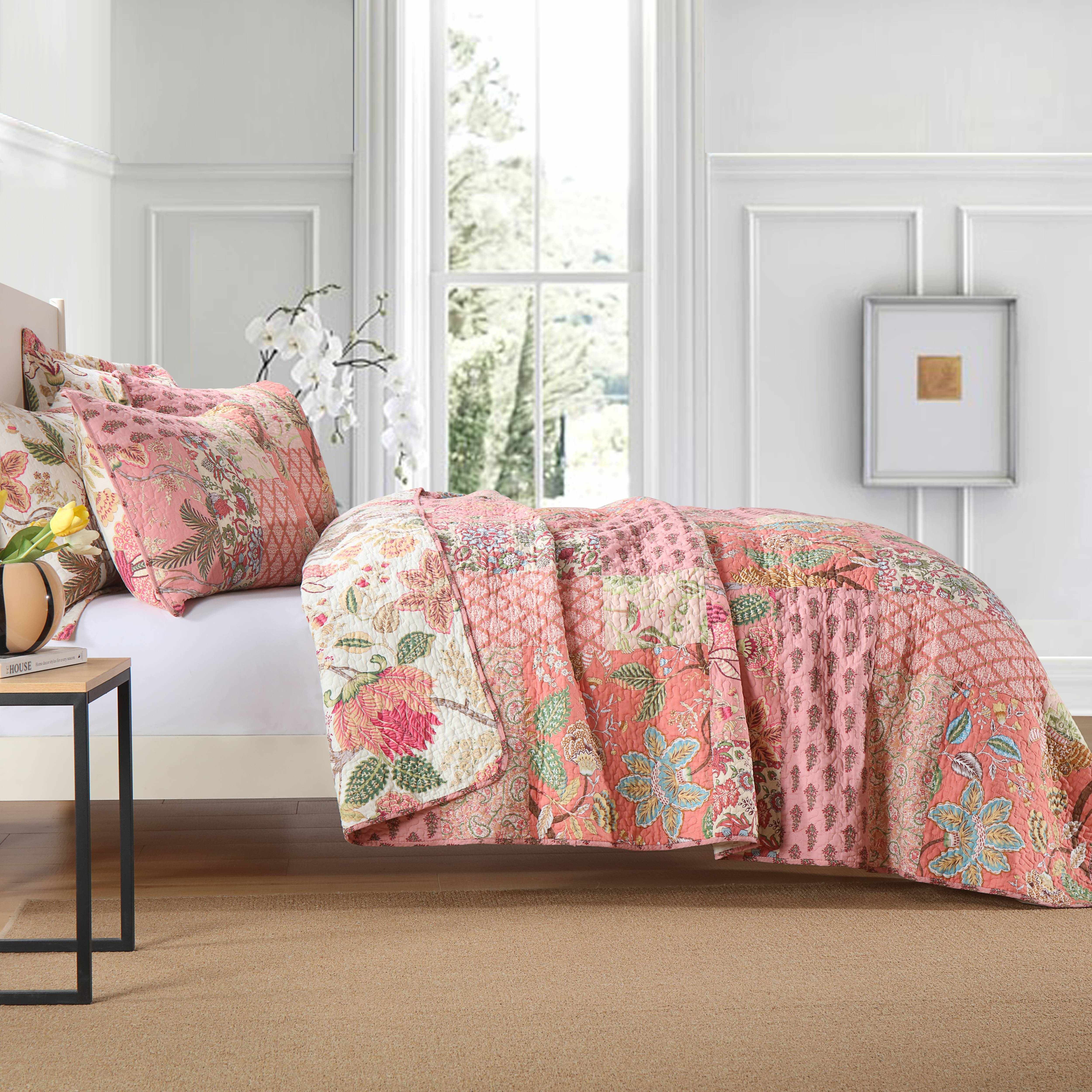 TEMU 3pcs Real Floral Handmade Quilt Set Bedding Set Comfortable And Comforter Coverlet For All Season, Queen Size, King Size, Ck, Pink