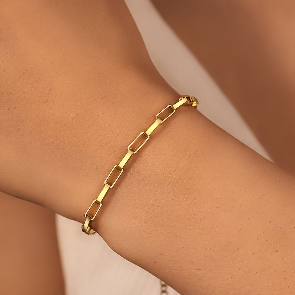 Women's Elegant Golden-Tone Stainless Steel Thin Rectangular Chain Bracelet