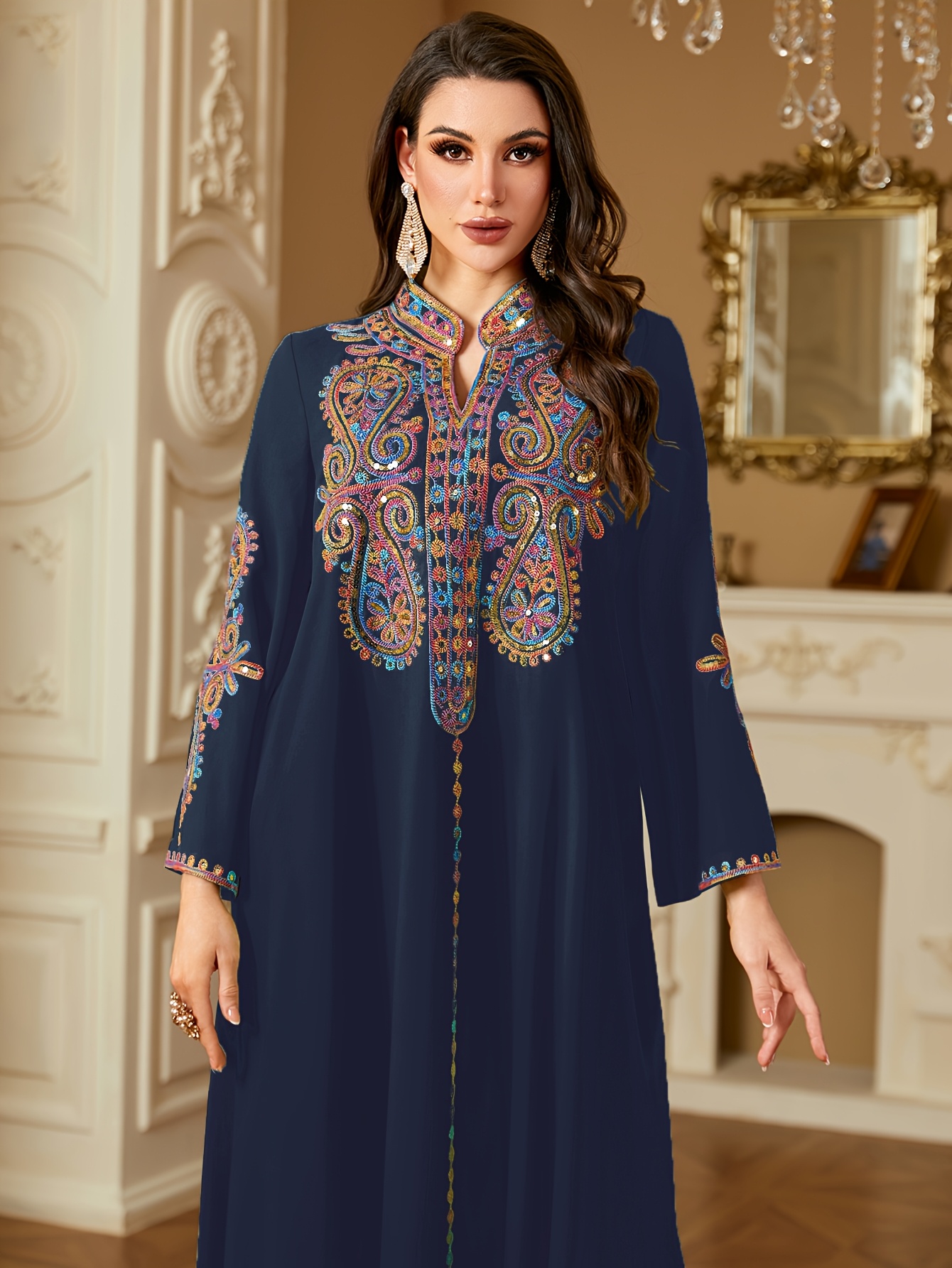 blue dress with gold embroidery Gold Lace Royal Blue Velvet Long Sleeve Prom Gown main image 0