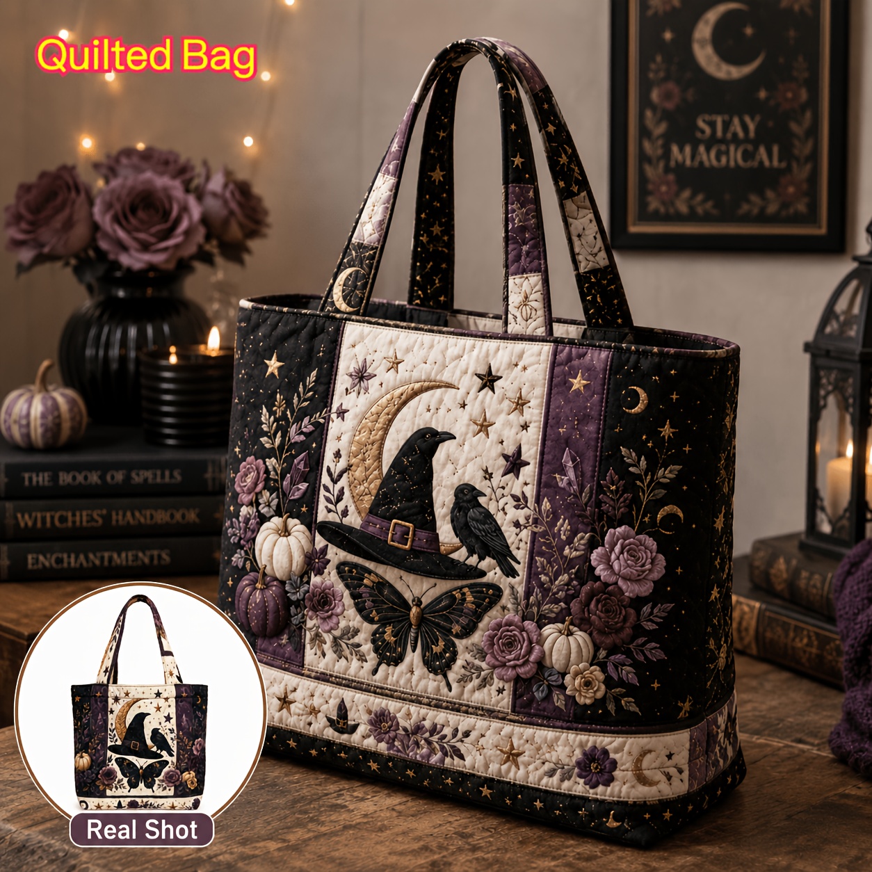 Witch Purple And Black Quilted Tote Bag, Crescent Crow Sticker Printing Design, Large-capacity Portable Shoulder Messenger Bag, Dark Retro Atmosphere Commuting Women's Bag, For Halloween