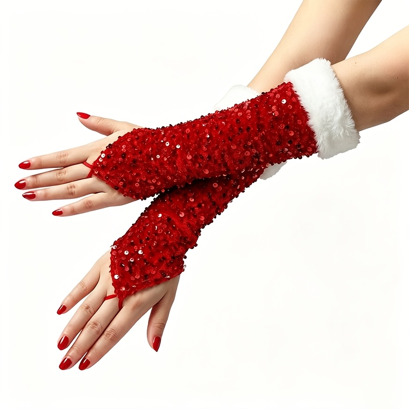 TEMU Doigt de bouche pour cheveux blancs de Noël, Grand crochet rouge pour doigt, Gants de Nouvel An pour femmes, Paillettes brillantes, Photo de