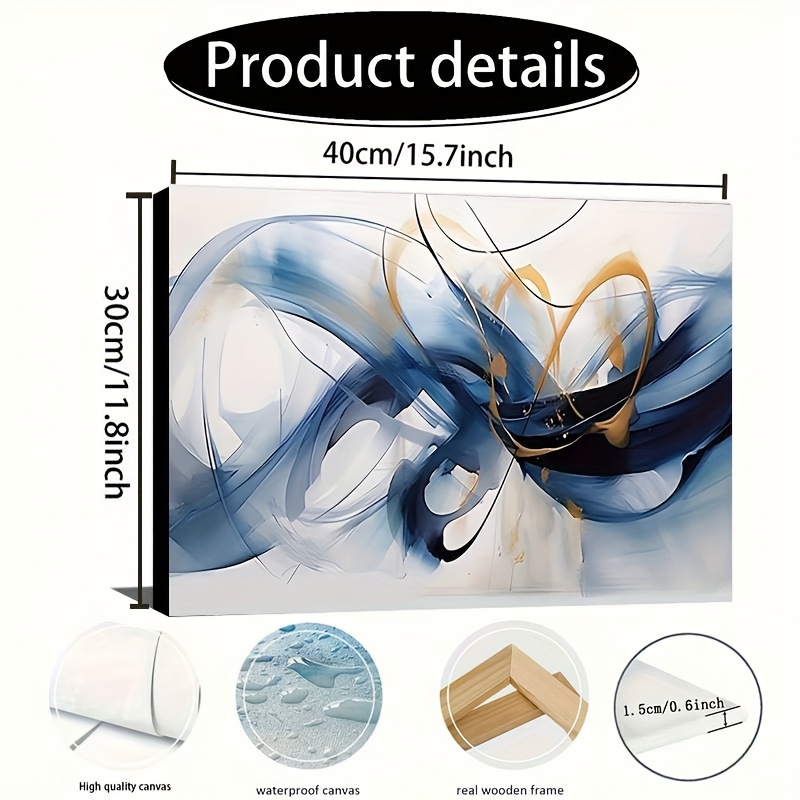 TEMU 1 Pièce Bleu et Doré sur Toile avec Cadre en Bois - Décoration Murale Moderne pour Salon, Chambre, Salle de Bain, Bureau - Impression Aquarelle