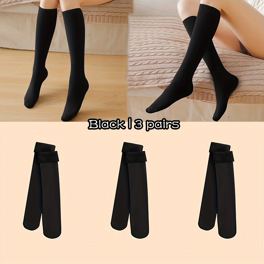 Image of 3 Pairs Women's Thermal Winter Socks - Thick -lined Warm Beige & Black Invisible Socks, Soft Stretchy For Cold Weather, Casual & Formal Outfits, Versatile Sock Colors, Slim Sock Design