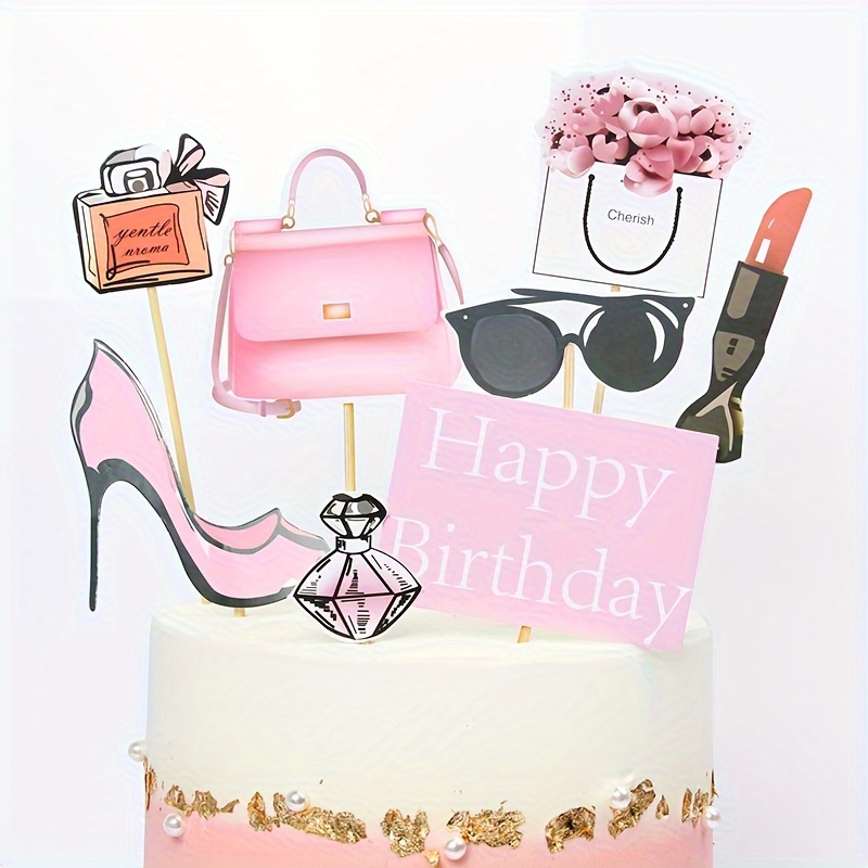 

Mjcakedecor Women' Birthday Cake Topper Set - Plastic High Heels, Perfume, Handbag, Glasses, Lipstick - Universal Holiday Party Decorations For Day, Girlfriend's Birthday - No Electricity Needed