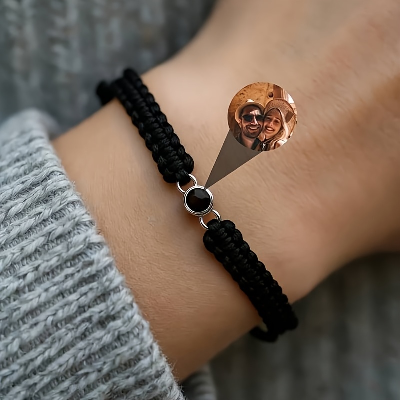 TEMU Custom Photo Bracelet With Pendant, Fashionable And Minimalist Men's Braided Cord Bracelet, Custom Commemorative Jewelry, Unisex Bohemian Style