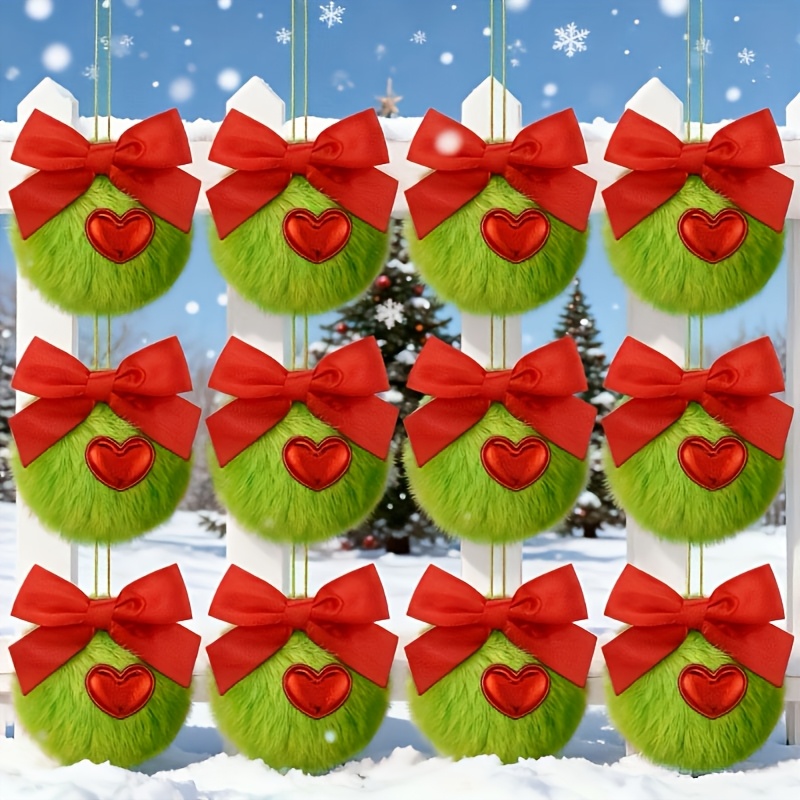 TEMU 12pcs Green Fluffy Christmas Balls Decorations, Plush Elf Ornaments, Red Bow Heart Plush Balls, Suitable For Christmas Tree Hangings, Handmade,