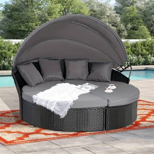 outdoor patio round daybed with retractable canopy black wicker furniture clamshell sectional seating with cushions backyard black