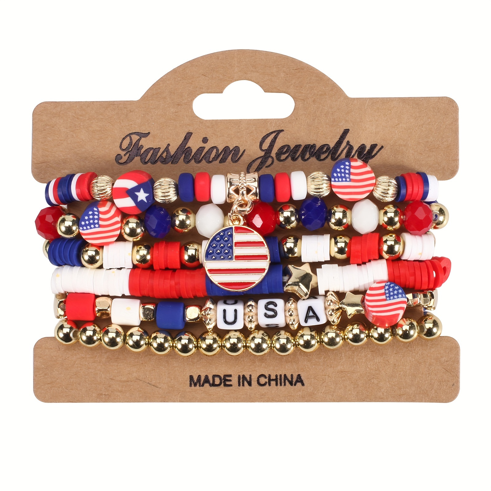 

Patriotic Usa Flag Bead Stretch Bracelet, Red White And Blue American Independence Day Multilayer Elastic Wristband, Elegant And Vacation Style Accessory