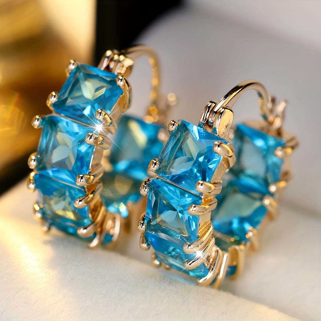 

Luxury Square Blue Cubic Zirconia Hoop Earrings For Women, Vintage Style, Copper Base, No , Fashion Accessory For Parties And Weddings