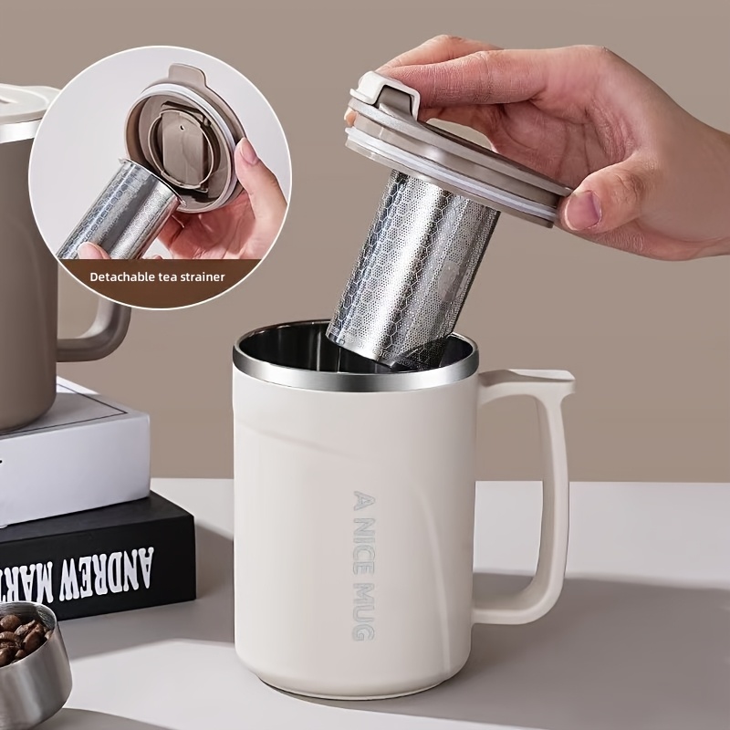 1pc 500ml 이중벽 304 스테인리스 스틸 단열 커피 머그잔, 분리 가능한 티 스트레이너, 누출 방지 뚜껑 및 손잡이 포함 - 휴대용, 엎질러짐 방지, 밀봉 가능한 보온 컵, 뜨거운 음료 및 차가운 음료, 사무실, 야외 사용