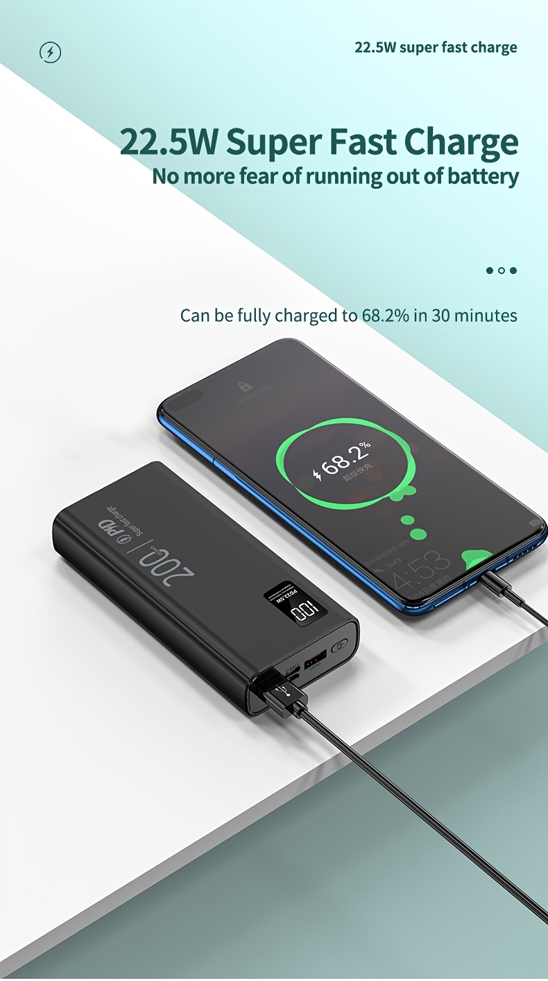 22.5W Fast Charging 20000mAh Portable Power Bank with PD20W Dual Input & Triple Output, USB-C Fast Charging, Compact Design for Smartphones, Tablets, Cameras, Drones, and More, Portable Charger, Tablet Charging Solution, Modern Accessory, Durable Construction, Power Bank Fast Charging, Power Bank For Phone, Power Bank High Power, Power Bank Original, Power Bank With High Capacity