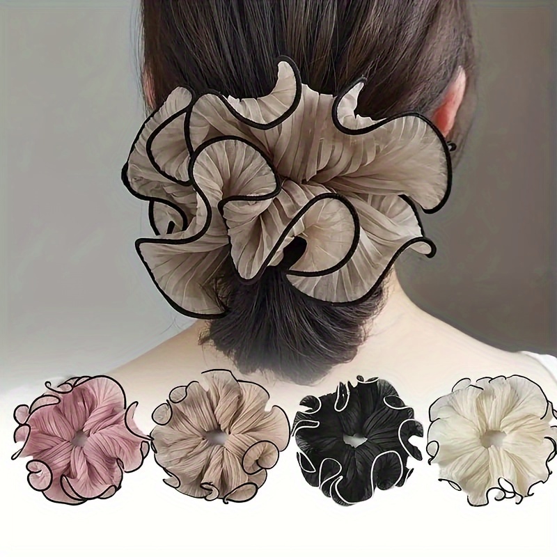 

4pc Elegant French Style Chiffon Large Hair Loop Retro Pleated Hair Tie Ponytail Holder