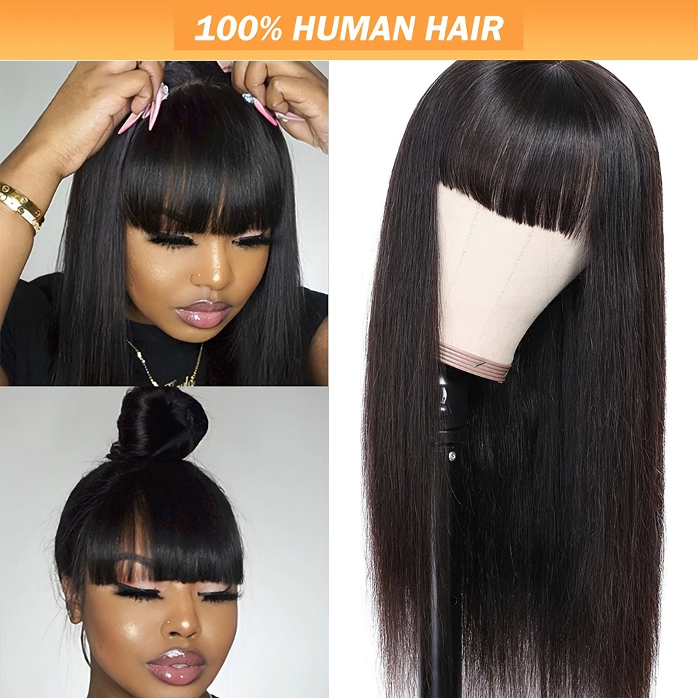 Straight Human Hair Wigs With Bangs Brazilian Virgin None Lace Front Wigs Glueless Machine Made For Women Wigs 150 Density Natural Color