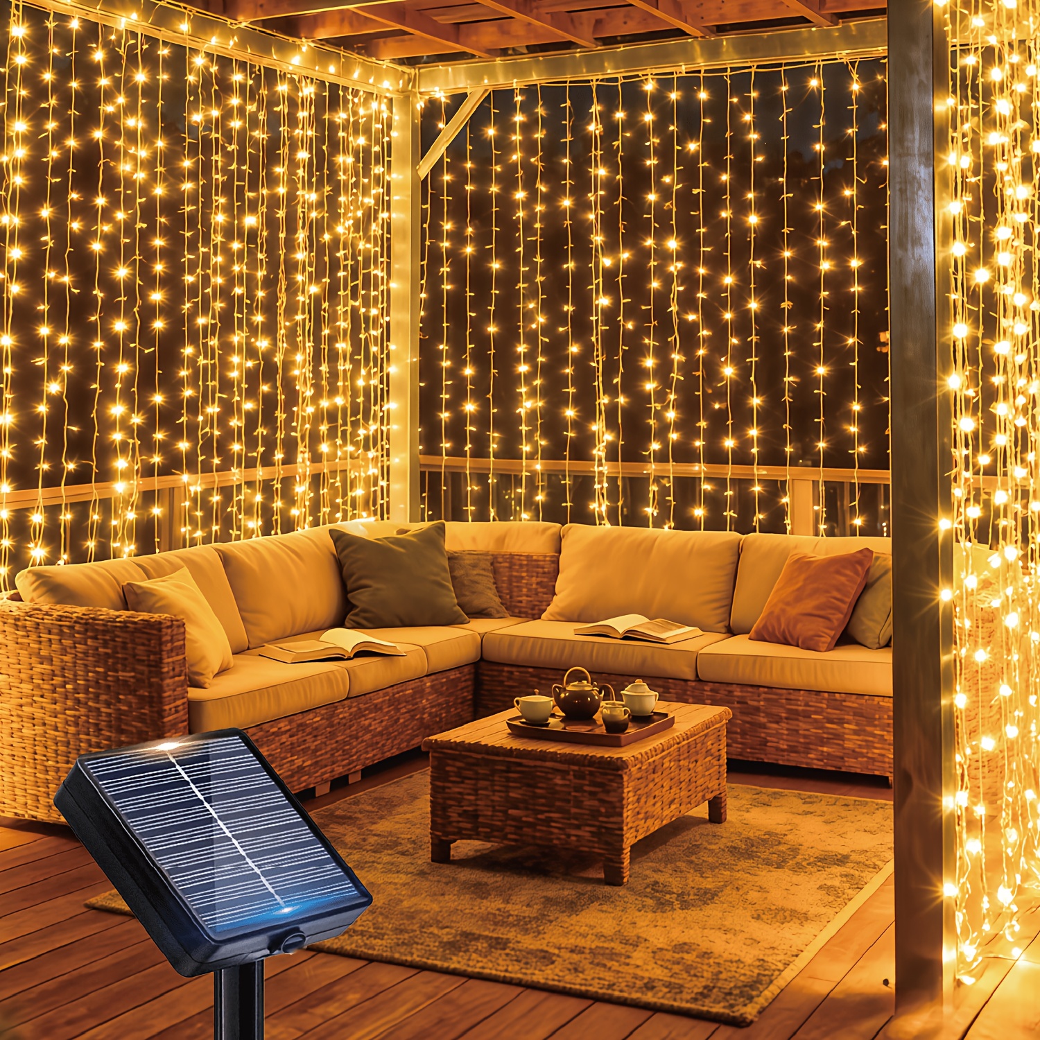 Solarbetriebene Lichterkette für den Außenbereich, 300/200/100 LED Garten Dekoration Vorhang Lichterkette, 12 Beleuchtungsmodi, automatisch nachts eingeblendet * für Hof, Pavillon, Verlobung, Party,