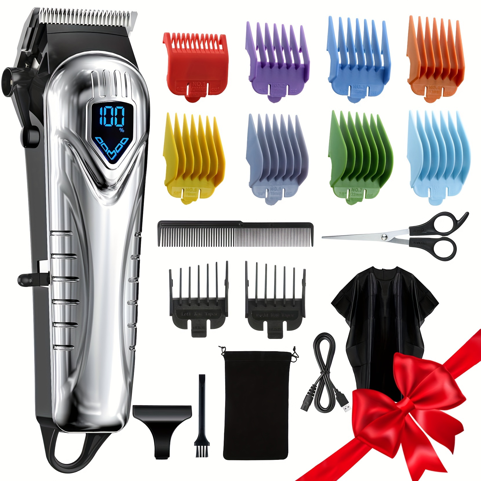 

Hair Clipper For Men And Women, Rechargeable Haircut Set With 10 Combs, Led Display, Low Noise Professional Beard Trimmer Barber With Scissors, Cape, Multi-hair Styles