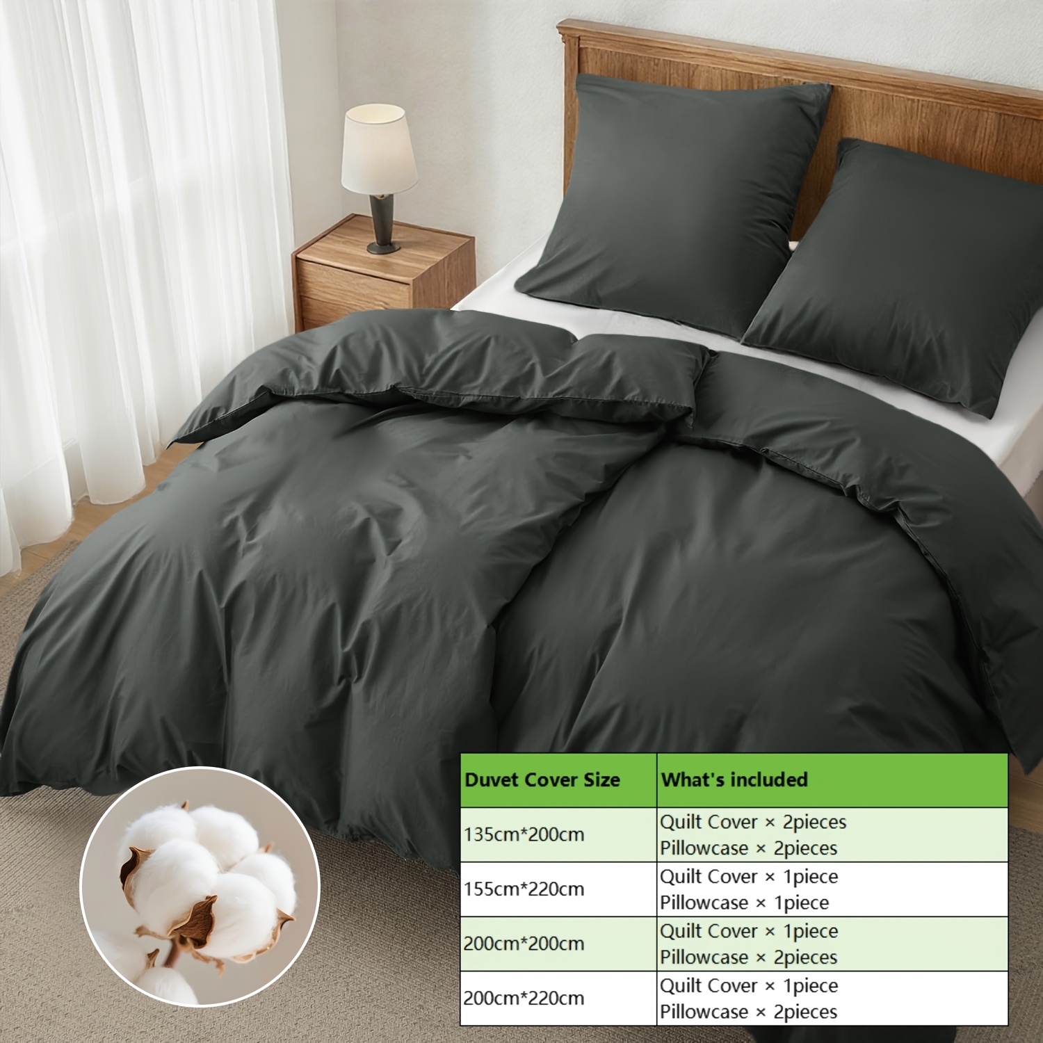 E-shop 100% Reine Baumwolle, schlichtes Bettbezug-Set, 3-teiliges/4-teiliges Set, Bettbezug und Kissenbezüge, aus reinem Baumwollmaterial, weich und