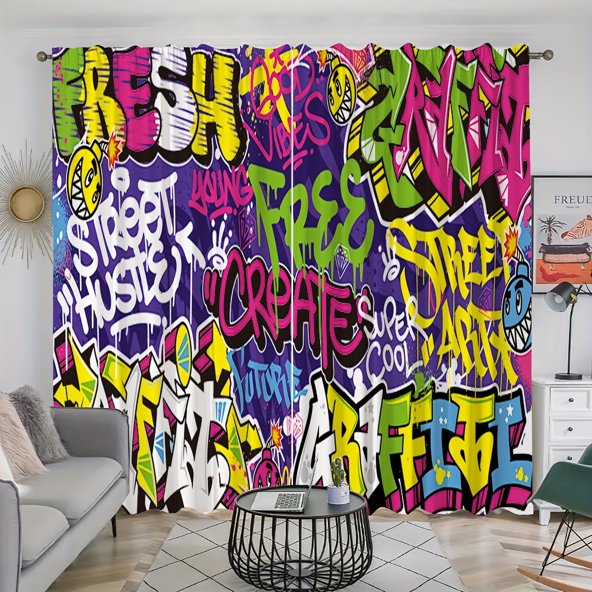 

Set Of 2 Contemporary Graffiti Art Print Curtain Panels - Machine Washable, Rod Pocket Hanging, Semi-sheer Polyester For Living Room, Bedroom, Office, Entryway - Decorative Street Art Curtains