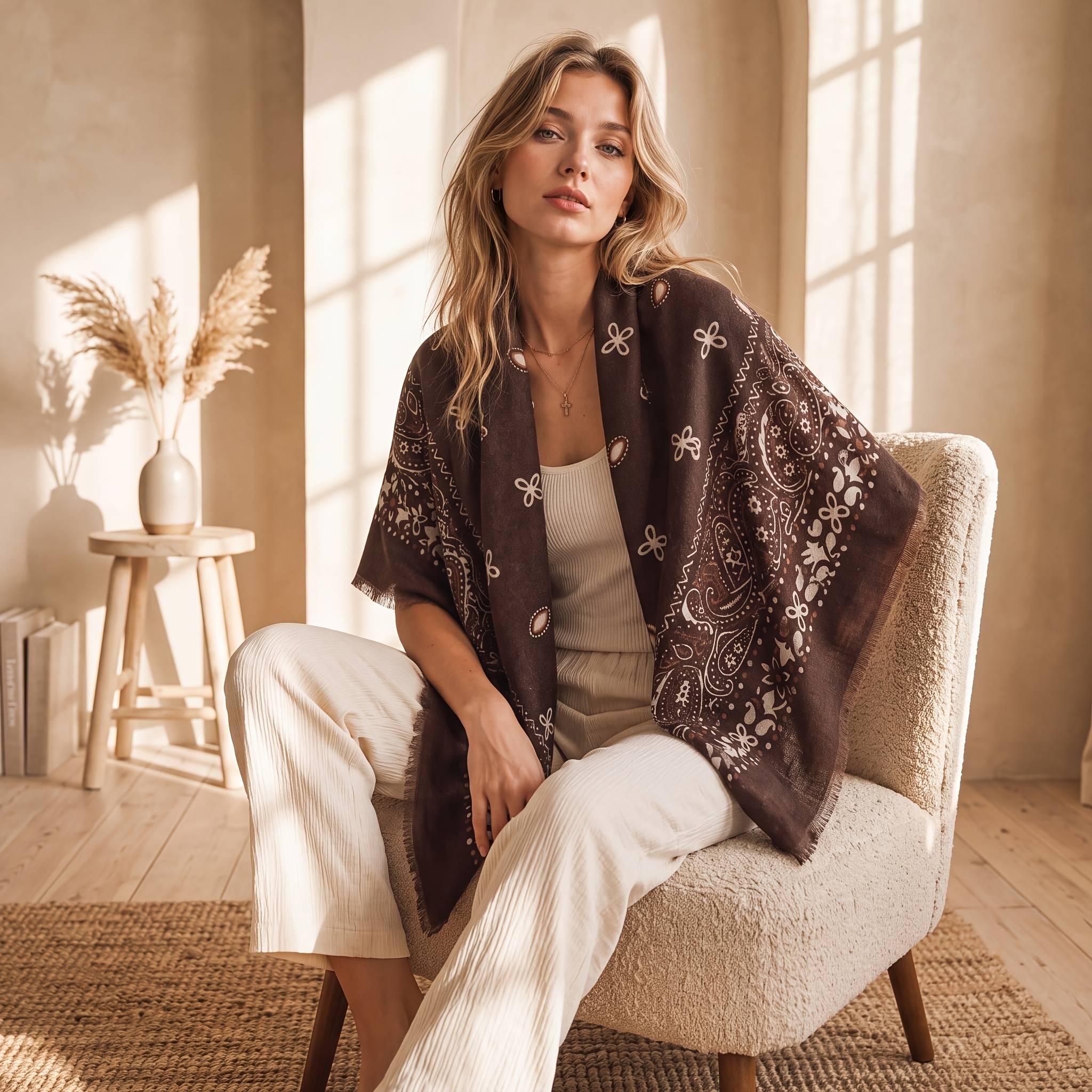 TEMU Eleganter Damen Vintage Schal mit Print, Weiches Warmes Tuch, Vielseitiger Umhang, Stilvolle Herbst Winter Schulterbedeckung, Schickes Mode