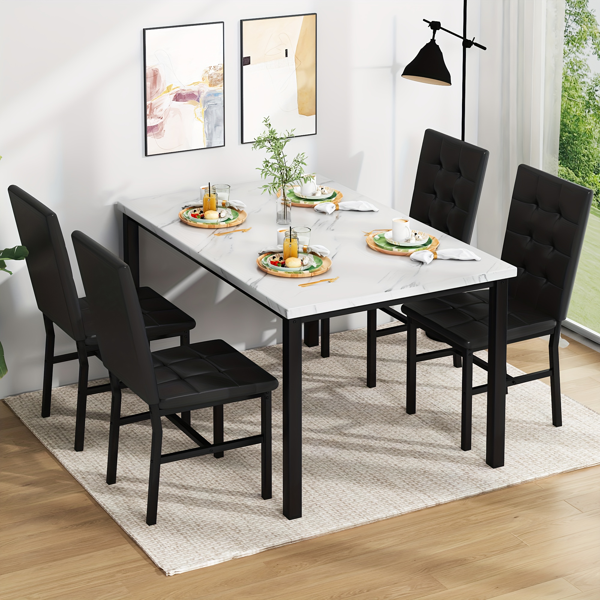 LAMERGE 5pcs Of Dining Table Set, Dining Room Table Set Can Be Used By 4 People, Kitchen Table Set, 1 Artificial Anti-marble Pattern Table And 4 Metal Legs Chairs, Suitable for Living Room, Dining Room, Kitchen Furniture