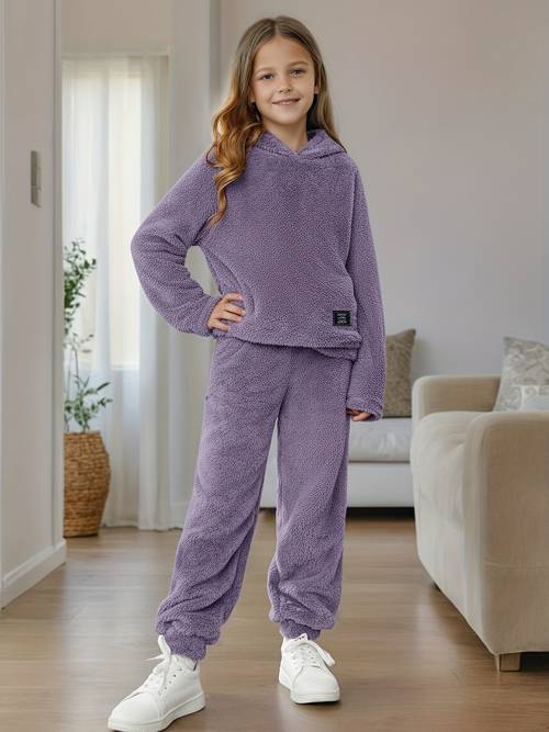 youth fashion letter hooded faux fur fleece warm long sleeve sweatshirt top and faux fur long pants 2pcs set outfit for outdoor