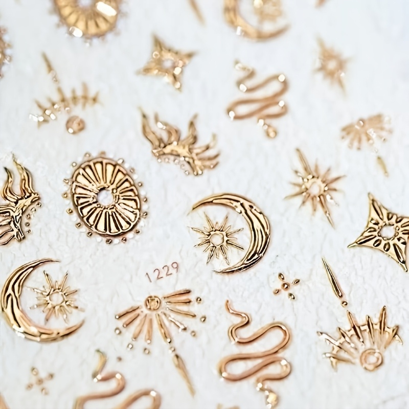 Image of 1 Sheet Of Embossed Nail Stickers Featuring Bohemian-style Designs Of Stars, , Snakes, And Clouds, Self-adhesive And Disposable