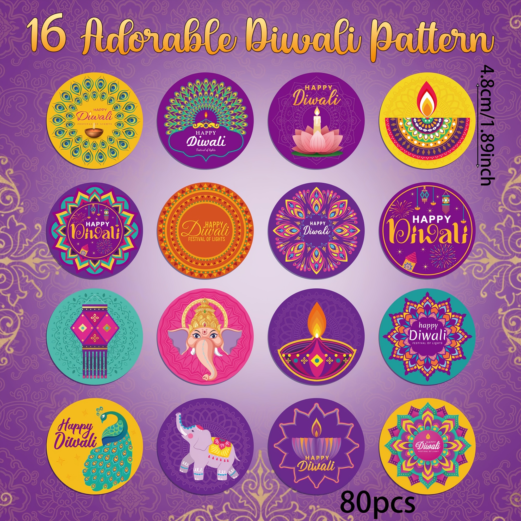 TEMU 80pcs Paper Happy Diwali 16 Styles, Happy Diwali Self-adhesive Round Stickers, Suitable For Holiday Christmas Party Gift Supplies Gift Water