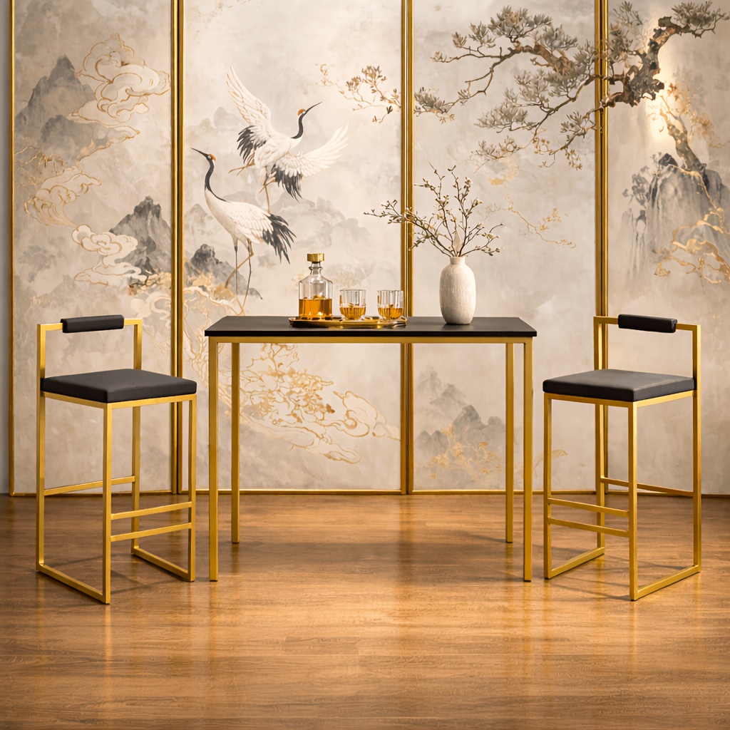 Set Of 2 Modern Oriental Style Bar Stools, Velvet Upholstered Counter Height Chairs with Backrest & Footrest, Golden Metal Frame Kitchen Island Dining Stools, Multi-Color & Multi-Finish New Asian Aesthetic
