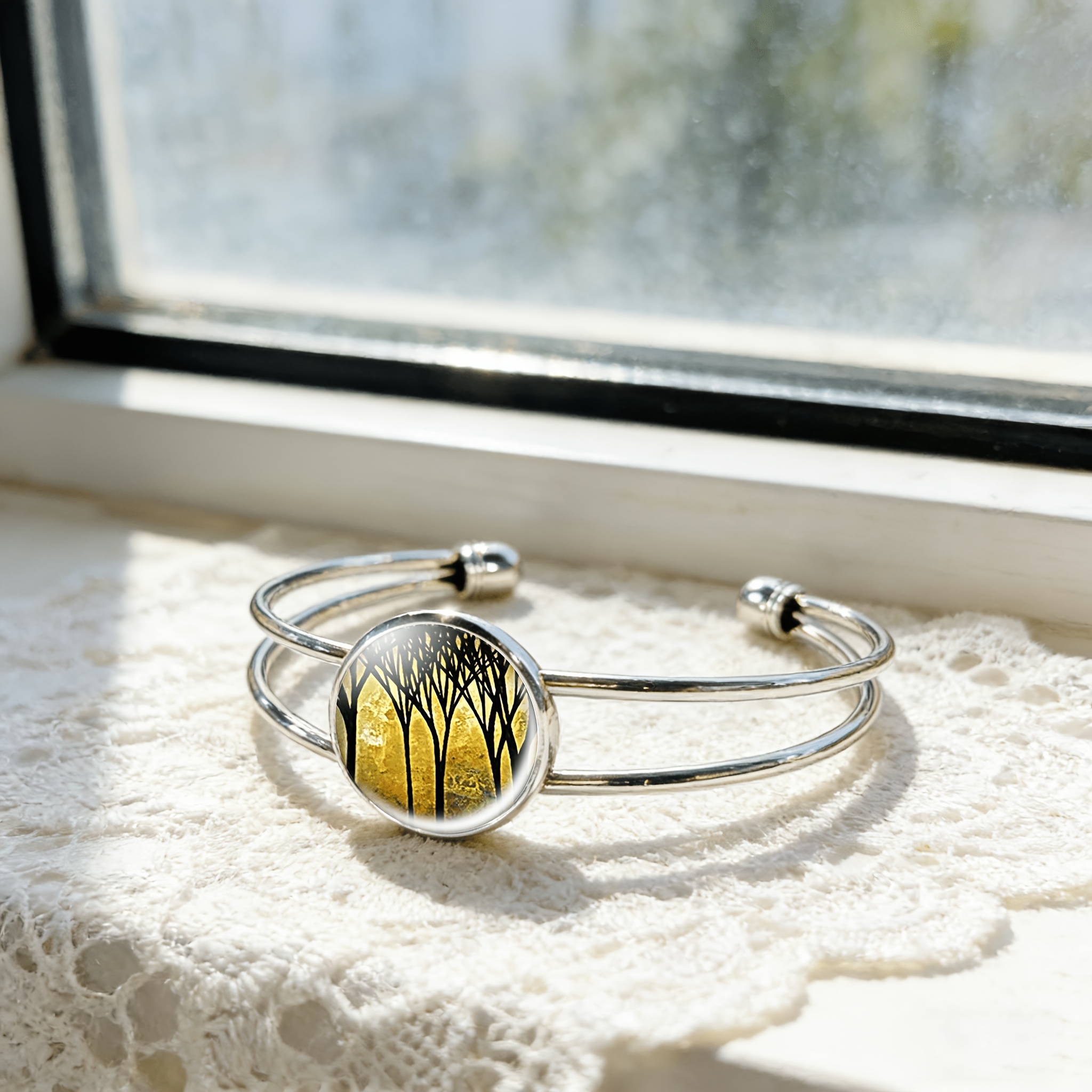 Adjustable Open Bangle with Black Tree Shadows