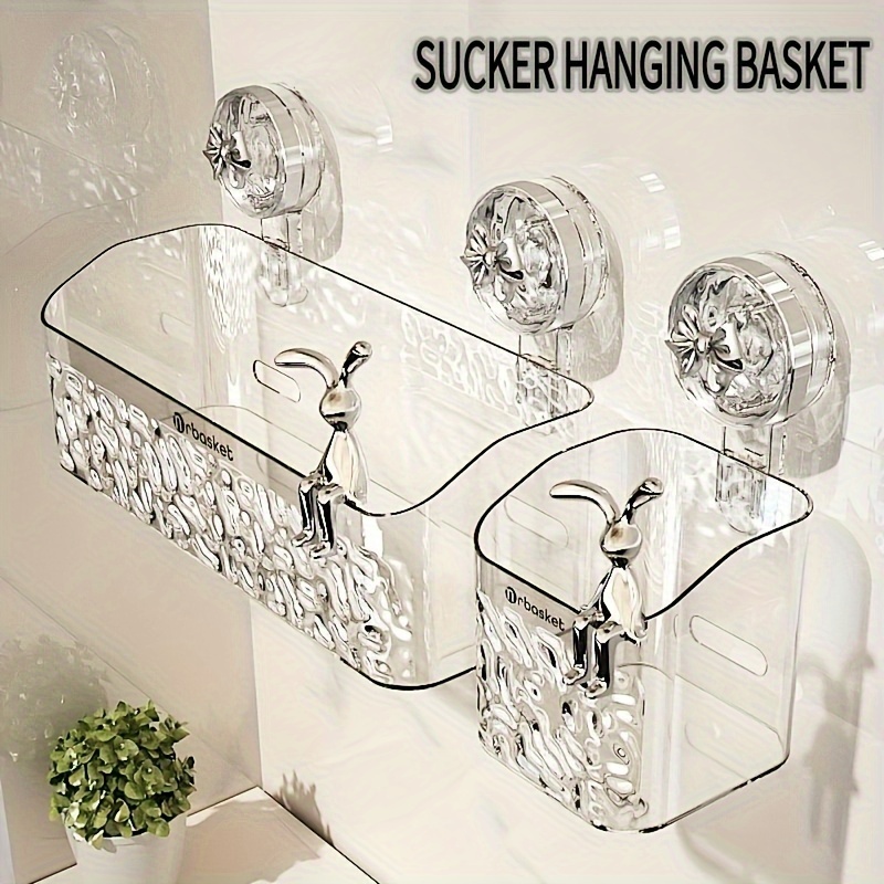 

Organisateur de salle de bain à ventouse en plastique - Panier de rangement mural pour rasoirs, serviettes, articles de toilette et accessoires - Blanc