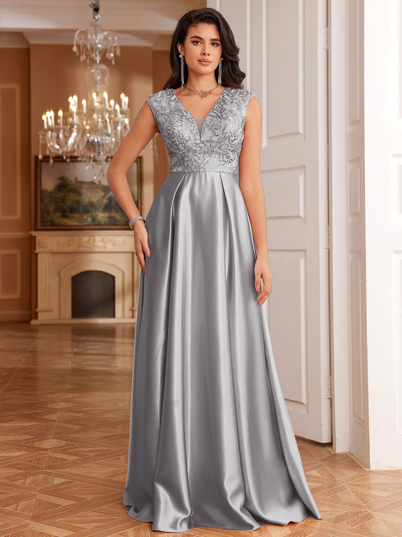 lace spliced satin sleeveless dress pockets v neck a line - Temu Oman