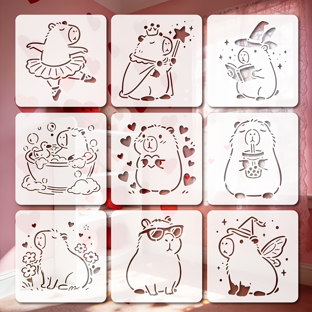 Image of 9pcs Capybara Stencil Reusable For Painting With Paint Brush Drawing Templates For Crafts Wall Art Furniture Canvas And For