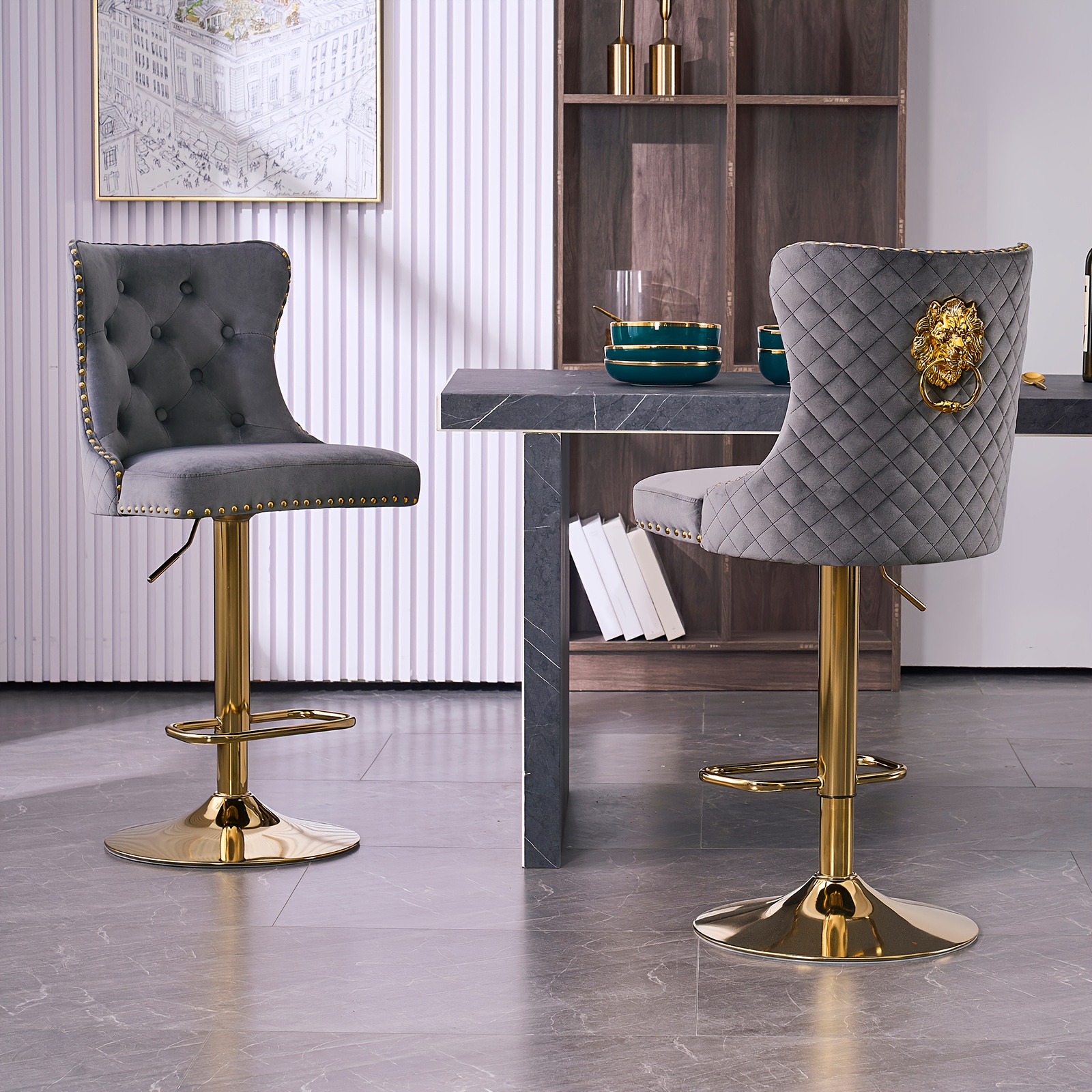 Set of 2 Modern Adjustable Velvet Bar Stools with Lion Head Pull