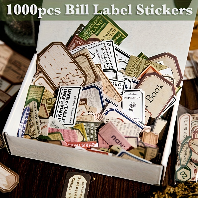 

1000pcs Vintage-inspired Bill Label Vinyl Stickers - Mixed Pattern Graphic, Self-adhesive, Glitter Detail, Ideal For Scrapbooking, Diy, Journals, Planners & Crafts, Book-themed, Glossy Finish